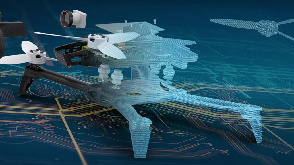 An image of a drone model in SOLIDWORKS